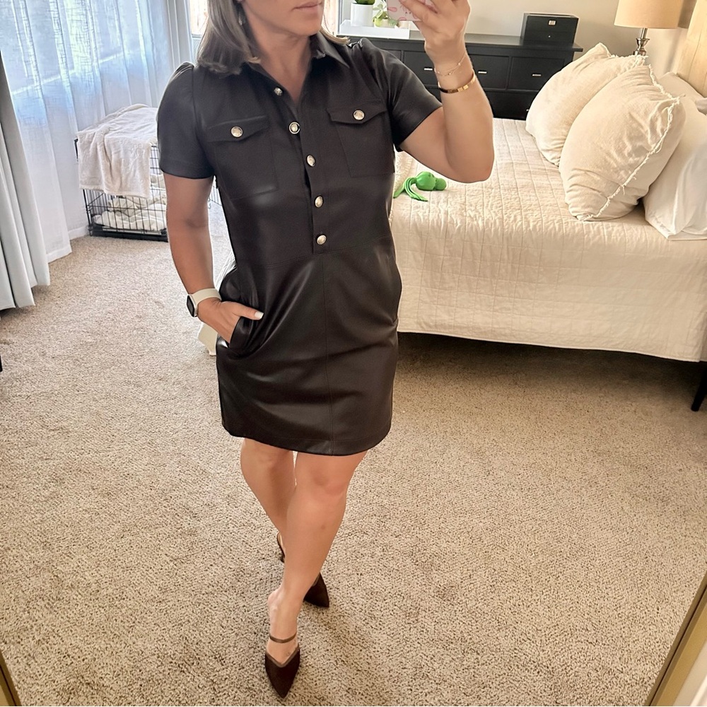 | loft • chocolate faux leather pocket mini dress • size 4 | - Picture 3 of 9